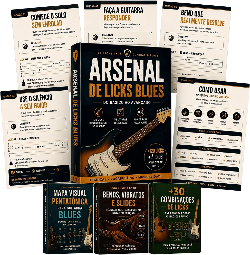 Arsenal de Licks Blues: capa do PDF ao centro, fichas de missões com tablaturas e os bônus em volta