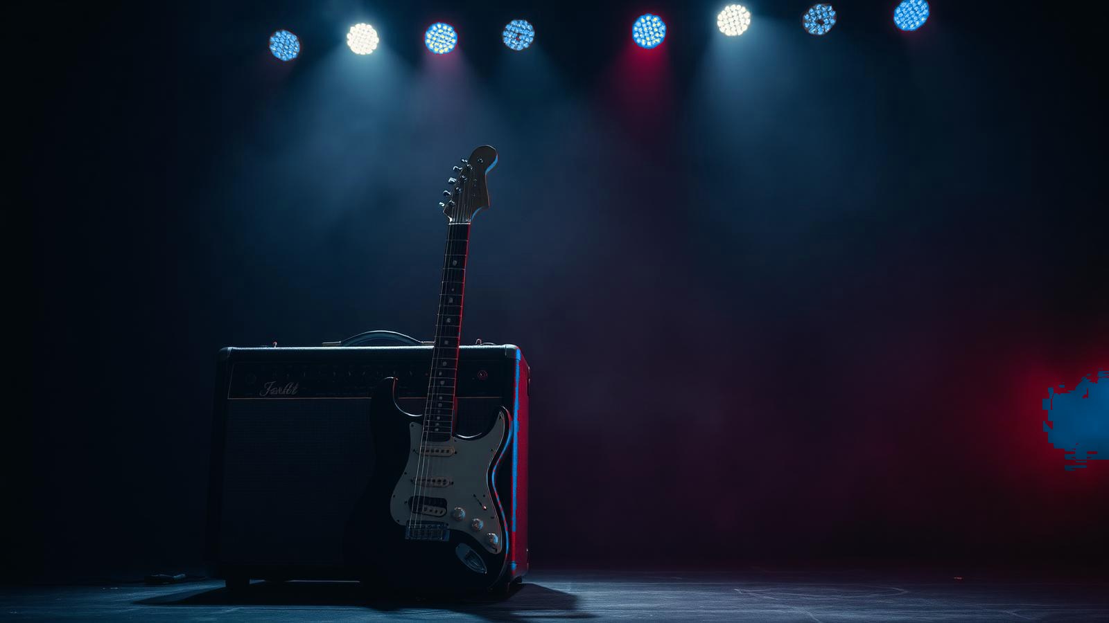 Guitarra elétrica apoiada em um amplificador sob luz de palco